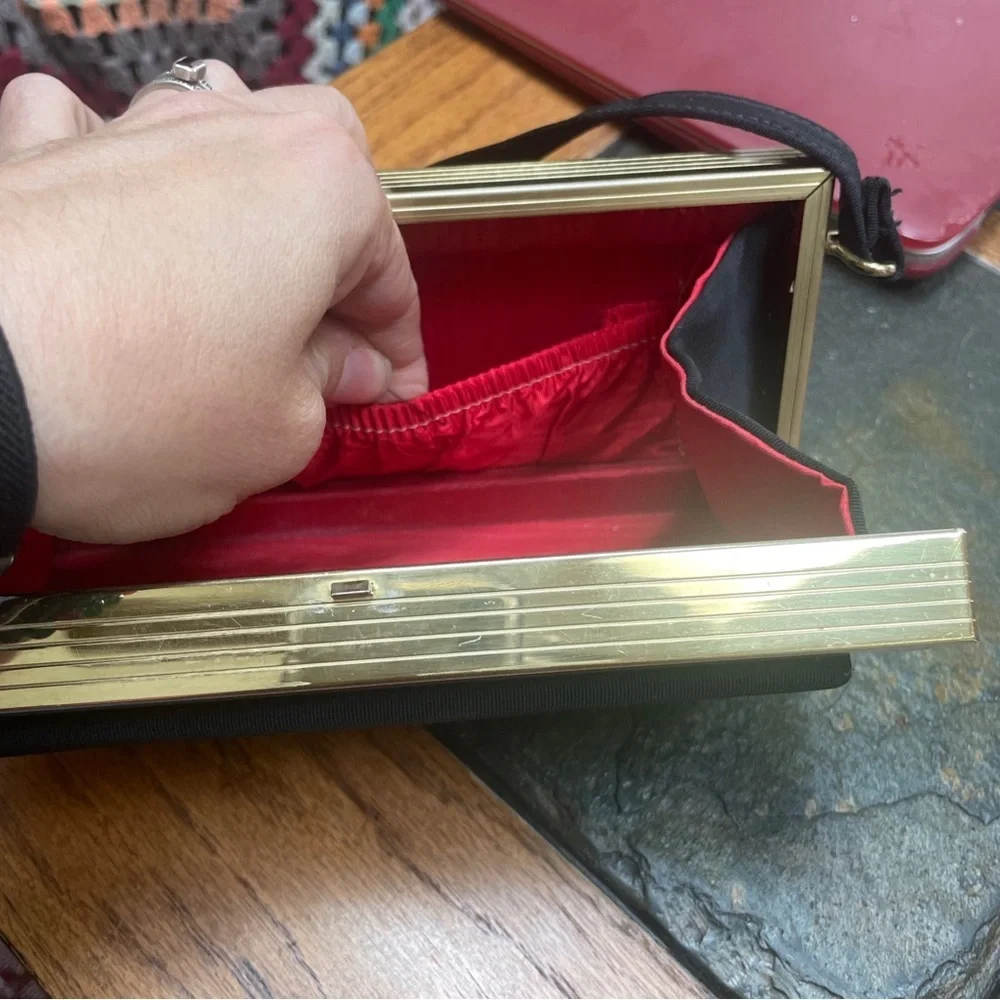 Vintage Black and Brass Box Purse Red Lining Hard Unique Hand Bag Clutch - Picture 6 of 7